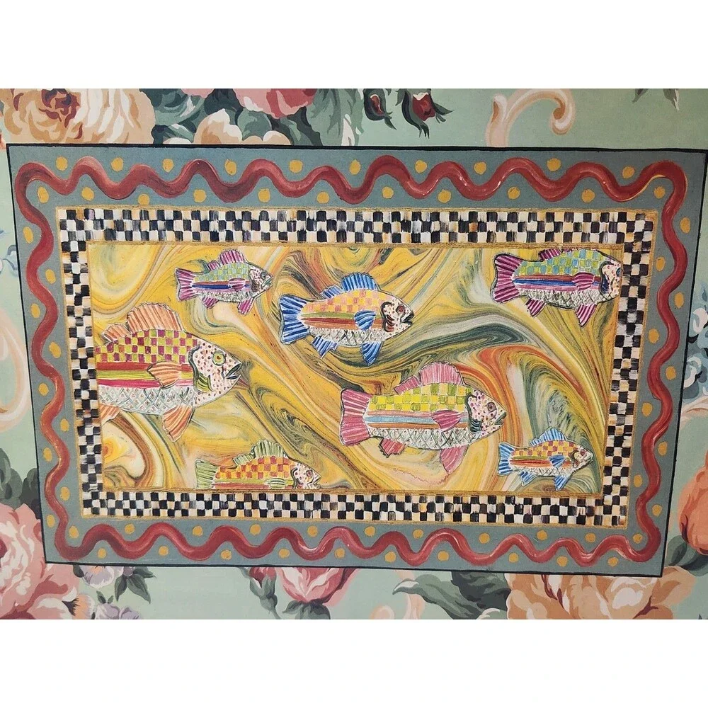 Set of 5 Mackenzie Childs Cork Placemats 3 Courtly Check Fish 2 Roses Floral